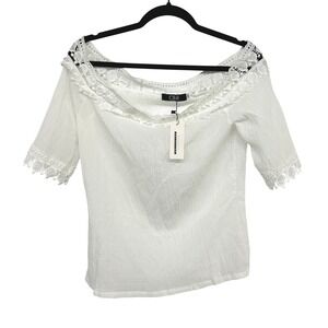 Boho Fairy Off Shoulder Peasant Top M White Crochet Lace Cottagecore Blouse